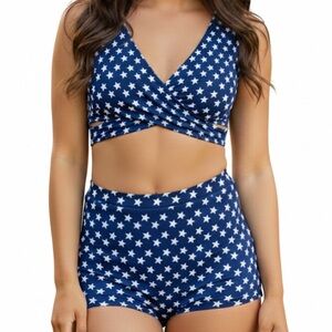 Lumi Collective Navy Star Print High Waisted Dance Acro Gymnastics Two-Piece Set